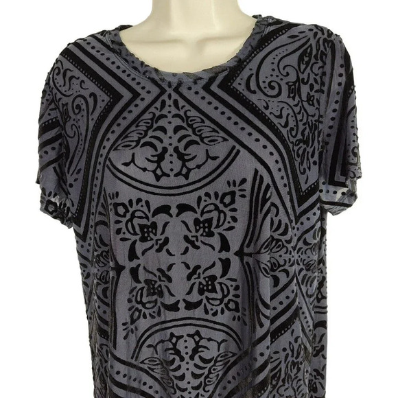 Hannah Blue Flocked Shirt Top Women Size L Short Sleeve Sheer - Picture 2 of 8